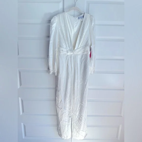 Ieena for Mac Duggal Long Sleeve Ruched‎ Plunging Neck Satin Jumpsuit